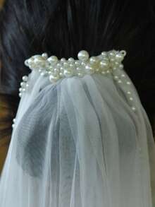 1pc Handmade Beaded Bridal Veil, Waltz Length White Soft Tulle, Suitable For Wedding, Wedding Photography, Window Display, No Hair Comb - Multicolor - View 5