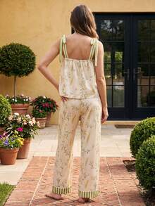 Women's Summer Pajamas Set Stylish Floral Print Tie Shoulder Tops With Pants Lounge Wear 2 Pcs Set - 混合色 - 查看 5