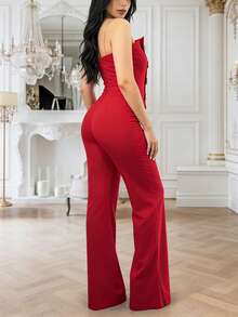 ChicMe Mono asimétrico sin tirantes con decoración de hebilla metálica para mujer, mono ajustado de pierna ancha sexy para fiesta de cóctel - Rojo - Ver 3