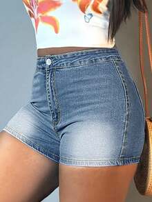 Shorts pantalones de mezclilla mujer dama, pantalones cortos de mezclilla azul claro elásticos ajustados corte recto, lavado clásico con bolsillos prácticos, estilo casual versátil para outfits diarios - Azul - Ver 4