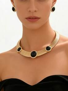 Conjunto de colar e corrente de relógio vintage de 2 peças, colar com pingente geométrico redondo martelado em acrílico preto e brincos combinando, conjunto de joias elegante e luxuosas para mulheres, acessórios para festas. - dourado + preto - Ver 4