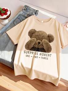 Tween Girls' Casual Minimalist Cartoon Bear Graphic Slogan Print Crew Neck Short Sleeve T-Shirt, Spring/Summer New Arrival - Apricot - View 8