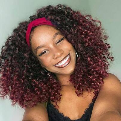 Kinky Curly Headband Wig 12 Inch Burgundy Deep Curly Headband Wigs For Women Short Glueless No Lace Deep Curly Half Hair Wigs,Burgundy With Highlighted