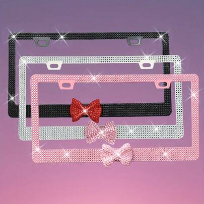 Easypie Selection 1pc/2pcs Multicolored Bow Additions Plastic License Plate Frame, Square Hole Type, Handmade With Shiny Artificial Diamonds, Includes Screws And Installation Tools, Waterproof And Rustproof