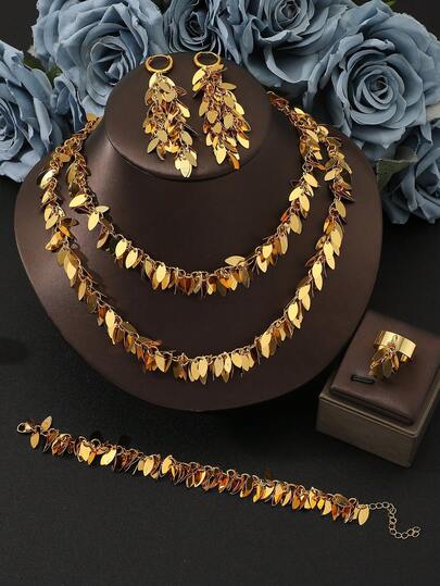 5 Peças Conjunto de Joias Douradas para Noiva e Dama de Honra, Colar, Pingente, Brincos, Pulseira e Anel em Aço Inoxidável Liso de Duas Camadas, Adequado para Acessórios de Festa de Casamento Feminina, Presente de Aniversário