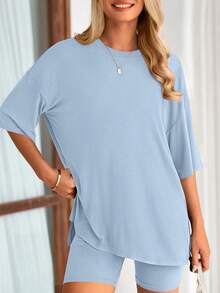 PRETTYGARDEN Women's Summer Clothes 2 Piece Sets Lounge Set Casual Oversized Shirts Biker Shorts Matching Airport Travel Sweatsuit Set Women Vacation Outfit Light Blue Summer Brunch Outfits For Women - 淺藍色 - 查看 1
