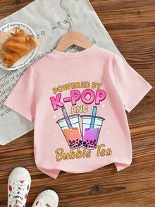 少女“K-POP”波霸奶茶印花T恤，时尚休闲百搭上衣，适合女孩日常休闲穿着 - 粉色 - 查看 5