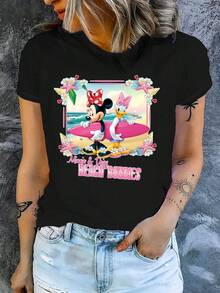 1pc Disney IP Authorized Minnie Mouse & Daisy Duck Graphic Print Short Sleeve T-Shirt, Round Neck, Stretchy, Easy Care Material, Suitable For Daily Wear, Fashionable Women's Short Sleeve T-Shirt, Casual Wear - Black - View 3