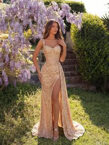 ADYCE 亮片加厚吊带心形领高腰缎面长款开衩露背系带礼服，适合舞会、生日派对、正式晚宴、约会、返校节、婚礼宾客、正式晚宴、家庭聚会、情人节等场合。 - 香檳色 - 查看 6