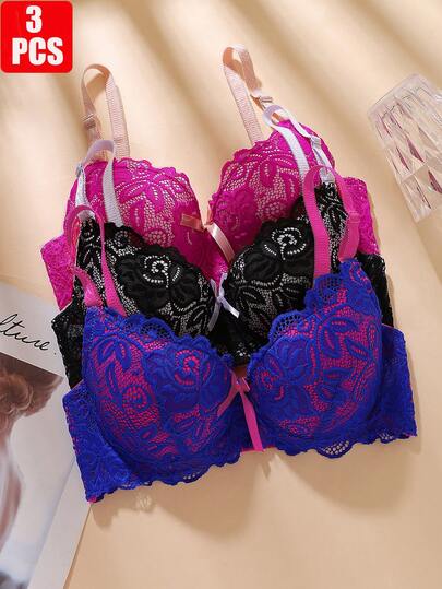 3 件套蕾丝拼接性感女士内衣文胸，聚拢 BC 罩杯法式优雅撞色钢圈内衣文胸