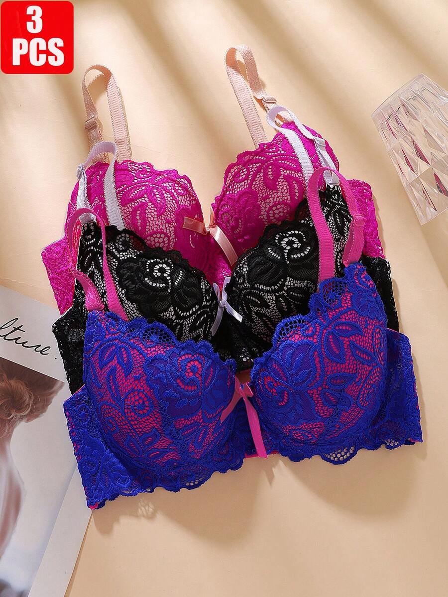 3 件套蕾丝拼接性感女士内衣文胸，聚拢 BC 罩杯法式优雅撞色钢圈内衣文胸 - 彩色 - 查看 1