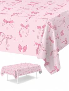 1/3pcs Pink Bow Theme Baby Shower Disposable Tablecloth, Pink Princess Birthday Party Plastic Table Cover For Home Dining Table Decor, Pink PE Table Skirt For Gender Reveal Decoration, Restaurant Kitchen Decor, Pink Baby Party Background Plastic Tablecloth, Pink Bow Theme Newborn Birthday Decoration, Baby Shower Party Supplies, Party Favors - Pink - View 5