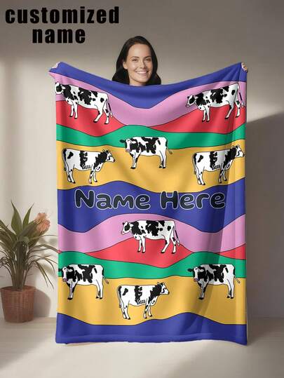 1pc Creative Cow-Themed Blanket, Customizable With Name, Nickname, Lucky Number, Featuring Pixelated Black & White Cow Graphic With Vibrant Striped Patterns In Blue, Pink, Red, Green, Yellow, Made Of Knitted Flannel Fabric With Digital Printing, Comfortable For All Seasons And Personalized Commemorative Function, Optional Special Features Available