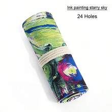 彩色水彩画印花帆布铅笔盒，12/24/36/48孔大容量卷式铅笔袋，适用于彩色铅笔、素描用品 - 單件 - 查看 9