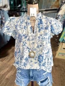 Floral Print Ruffled V-Neck Puff Sleeve Top For Spring And Summer, Women's Clothing - [多色的] - 查看 1