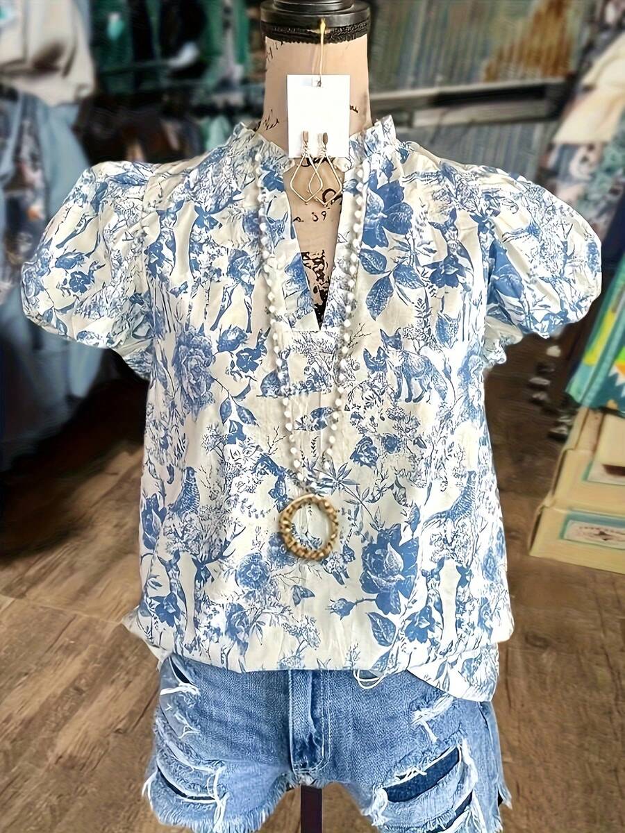 Floral Print Ruffled V-Neck Puff Sleeve Top For Spring And Summer, Women's Clothing - [多色的] - 查看 1