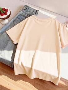 Tween Girls' Casual Minimalist Cartoon Bear Graphic Slogan Print Crew Neck Short Sleeve T-Shirt, Spring/Summer New Arrival - Apricot - View 3
