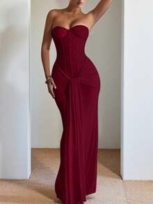 Elegant Strapless Evening Gown - Flowing Sash Waist-Defining Maxi Dress With Slim Fit & Formal Silhouette - Burgundy - View 4