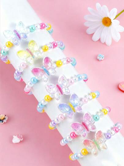 7pcs/Set Girls Cute Butterfly Pendant Bracelet Jewelry Set, Colorful Beaded Children Bracelet, Suitable For Girls Daily Wear, Holiday Party Birthday Gift