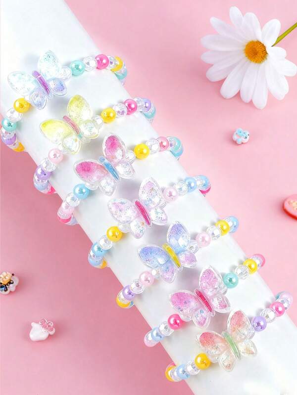 7pcs/Set Girls Cute Butterfly Pendant Bracelet Jewelry Set, Colorful Beaded Children Bracelet, Suitable For Girls Daily Wear, Holiday Party Birthday Gift