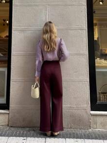 优雅时尚女士春季衬衫，蝴蝶结领长袖上衣，紫色格子泡泡袖 - 紅木色 - 查看 5