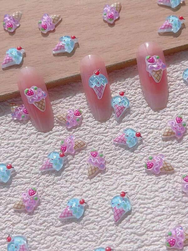 New Nail Art Accessories Summer Ice-Cold Fruit Strawberry Ice Cream Cone Cute 3D Ice Cream Nail Charms Resin Nail Decorations 20pcs/Bag