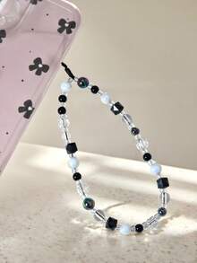 1pc Black & White Contrast, Iridescent Crystal, Geometric Block, Faux Pearl Beaded Keychain, Chic Phone Charm Strap, Fits All Phone Models, Suitable Gift For Mother, Family, Friends, Birthday, Holiday - Black and White - View 7