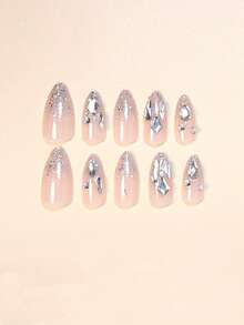 24片清新夏日杏仁形全覆盖手工水钻亮片假指甲，附赠美甲工具，适合女孩/女士参加派对、婚礼、度假和日常佩戴，随机果冻凝胶颜色发货 - 彩色 - 查看 3