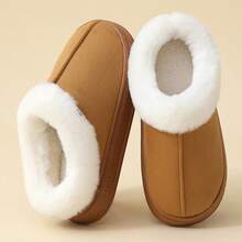 Women's Solid Color Fashionable Faux Fur Patchwork Plush Slippers, Indoor Home Bedroom Slippers For Autumn/Winter - Camel - View 8