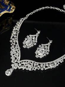 3件套银色新娘项链耳环首饰套装，优雅婚礼派对配饰 - 銀色 - 查看 6