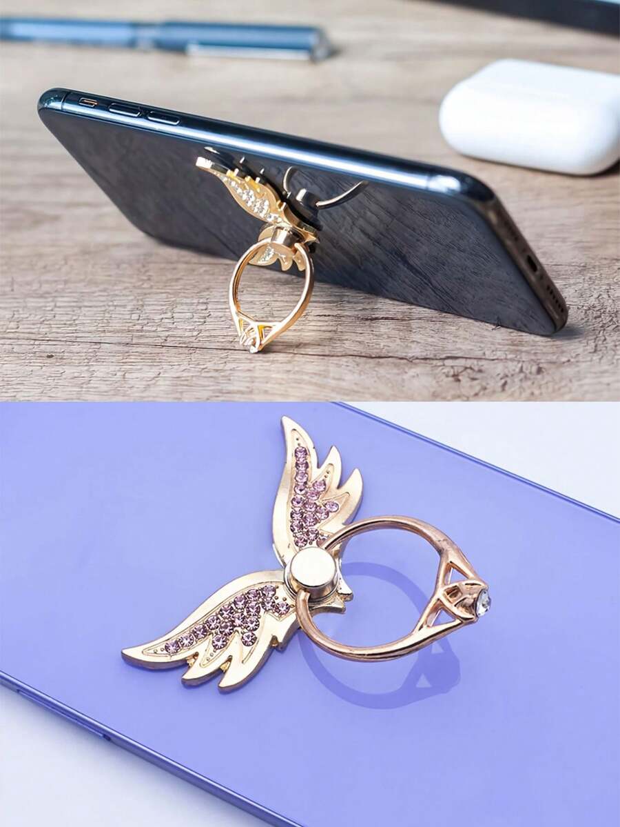 1个水晶钻石天使翅膀闪亮手机指环支架 - 钻石水晶手机支架，适用于所有智能手机