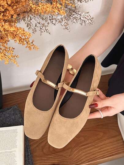 Women's Flat Shoes Retro Ballet Style Comfortable Low Heel Flat Shoes, One-Strap Suede Mary Jane Flat Shoes, Brown