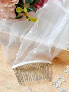 1件仿珍珠新娘头纱，长度可选腰臀、华尔兹舞步或教堂式，适合婚礼、婚纱照、派对头饰，附赠金属发梳。 - 乳白色 - 查看 3