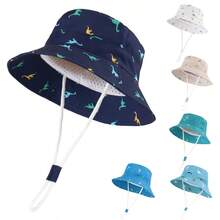 儿童恐龙图案遮阳帽，婴儿夏季户外宽檐帽，男女童棉质渔夫帽带下巴带 - 迷你恐龍 - 查看 2