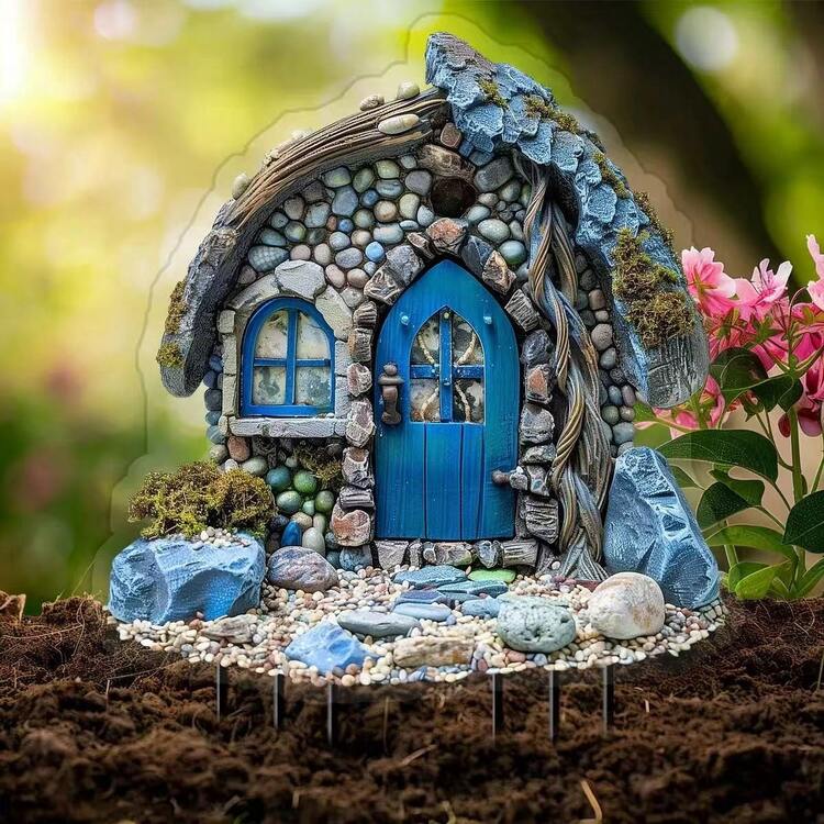 1pc 2D Printed Beautiful Ancient Stone House Garden Indoor/Outdoor Decor, Waterproof & Wear-Resistant Ground Stake - A - View 1