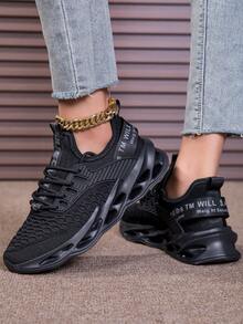 女士透气套脚运动鞋，减震防滑鞋底，适合护士和学生穿着，时尚休闲跑步鞋，纯色，四季皆宜的织物鞋面，缓震稳定支撑，无印花，大码休闲运动鞋 - 黑色 - 查看 5