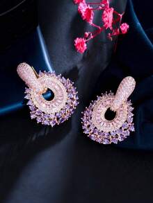 1 par de pendientes colgantes largos y grandes de circonita cúbica de lujo en color morado y rosa para bodas y fiestas - Morado - Ver 7