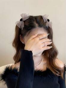 2pcs New Mesh Bow Bangs Clips, Approx. 6cm Length - Dark Grey - View 1