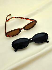 2pcs Oval Women's Fashion Glasses New Small Frame Y2K Glasses - 2PC (Black and Gray Red Bean Flower Tea Tablets) - View 2