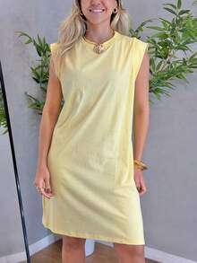 Stylish Women's Basic Muscle Tee T-Shirt Dress - Màu vàng - Xem 2