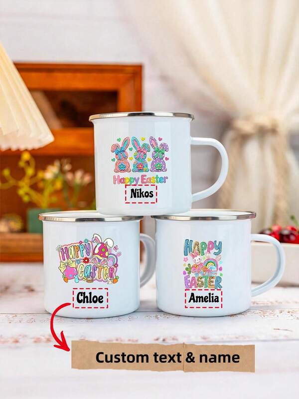1pc Custom Name Personalized Gift White Enamel Mug, Easter Element Enamel Mug, Easter Bunny Enamel Mug, Perfect Easter Gift For Him/Her, Unique Gift For Special Occasions, Personalized Photo Coffee Mug, Custom Camping Mug, Custom Christmas Gift, Personalized Anniversary Photo Mug, Perfect Gift For Family, Friends, Baby