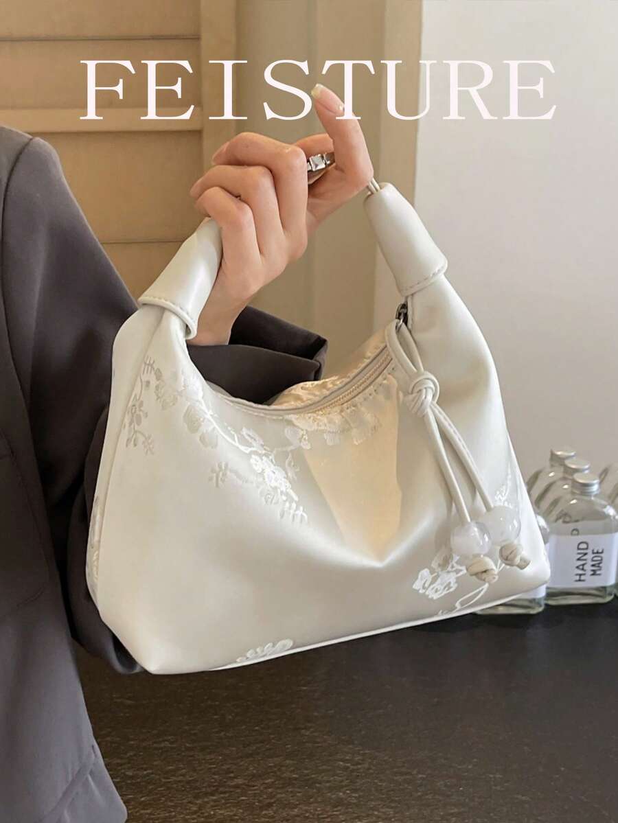 1个中国风刺绣花卉尼龙布手提袋，适合购物、约会、送给女士的礼物、上班族使用，也适合办公室、学校、工作和通勤等场合。