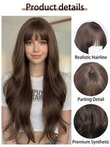 28 Inch Brown Wavy Wig For Women - With Bangs, Side Part, Adjustable Cap And Snug Fit | High Quality Synthetic Material, Long Hair Style - Camel - View 3