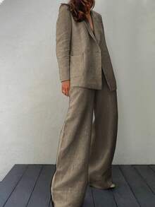 女款夏秋亞麻舒適休閒通勤套裝，純色翻領西裝外套配口袋、鈕扣、長袖，搭配鬆緊腰寬鬆長褲 - 卡其色 - 查看 3