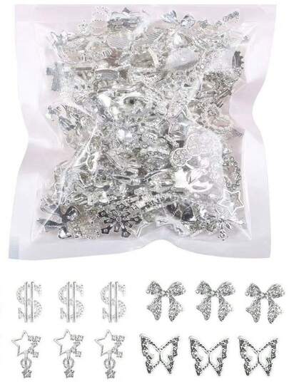 20pcs Luxury Silver Nail Art Decorations Set - Includes Dollar Sign, Stars, Butterflies And More Patterns - Elegant Nail Jewelry DIY Design