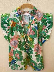 Floral Print Flutter Sleeve Top - Women's Spring & Summer Clothing - 翠綠色 - 查看 3