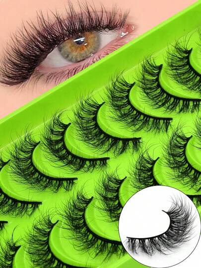 GROINNEYA 10对猫眼仿貂毛假睫毛，飞扬睫毛，蓬松交叉假睫毛，细纤维卷翘持久，自然纤长，整条假睫毛，适用于婚礼、派对、夜店、日常工作等场合，自然舒适。