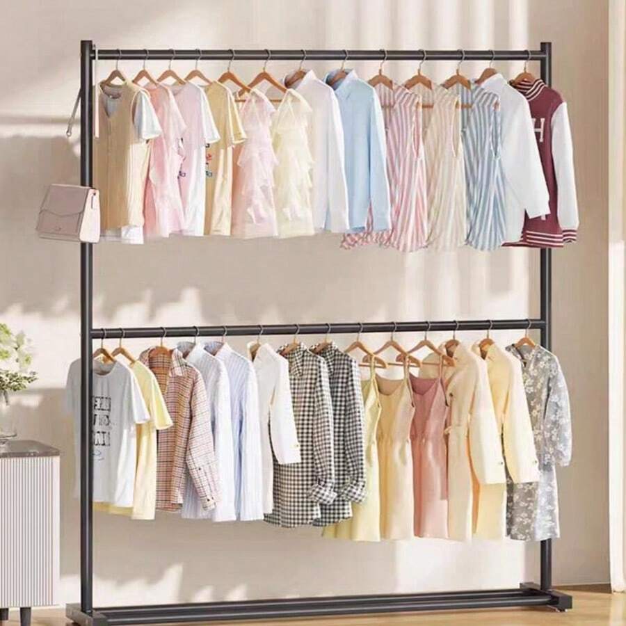 LIVINGANDHOME Double-Tier Black Iron Heavy Duty Clothes Rail Rack, 2 Hanging Rods Sturdy Garment Rack, 2-Rod Minimalist Garment Clothing Hanger, Multifunctional Organiser For Bedroom & Shop Display - Black 100cm(W) X 40cm(D) X 180cm(H) - View 1