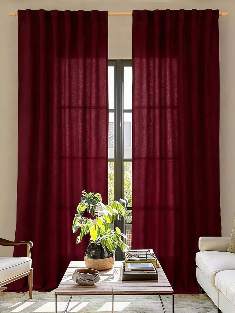 1 件棕色绳顶柔软舒适加厚面料透光乡村风格窗帘,适用于卧室、客厅、厨房 - 防紫外线,针织,无衬里,酒红色装饰性涤纶窗帘,易于清洁 - 酒紅色 - 查看 1