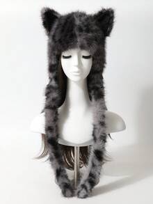 Cute Animal Leopard Print Plush Ear Warmer Hat, Cat Ear Design, Warm Outdoor Winter Party Cosplay Prop - A - View 16